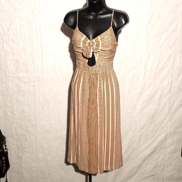 Isalis Dresses | Isalis Cream & Brown Striped Midi Dress W/Tied Front, Size Small | Color: Brown/Cream | Size: S | Sfbarbie's Closet